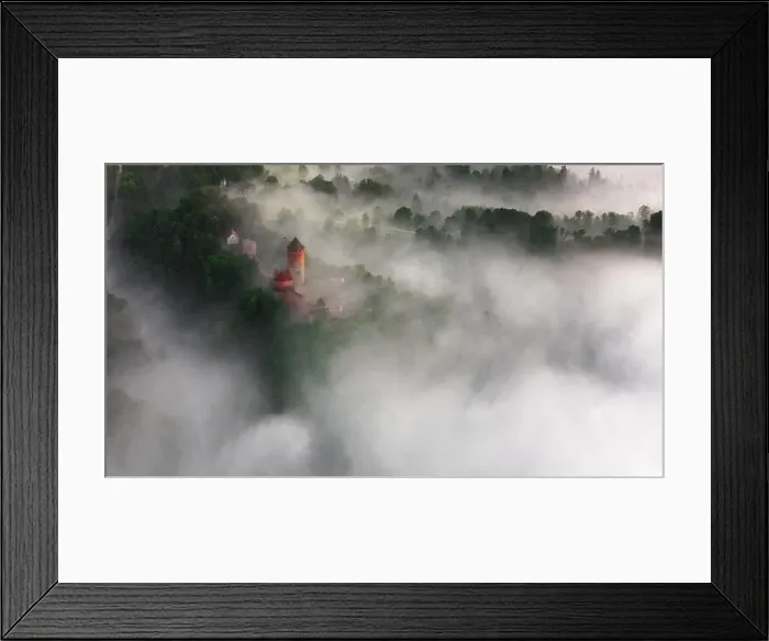 Framed Print : drone shot of turaida castle in early morning with fog in the forest valley Framed Print : drone shot of turaida castle in early morning with fog in the forest valley