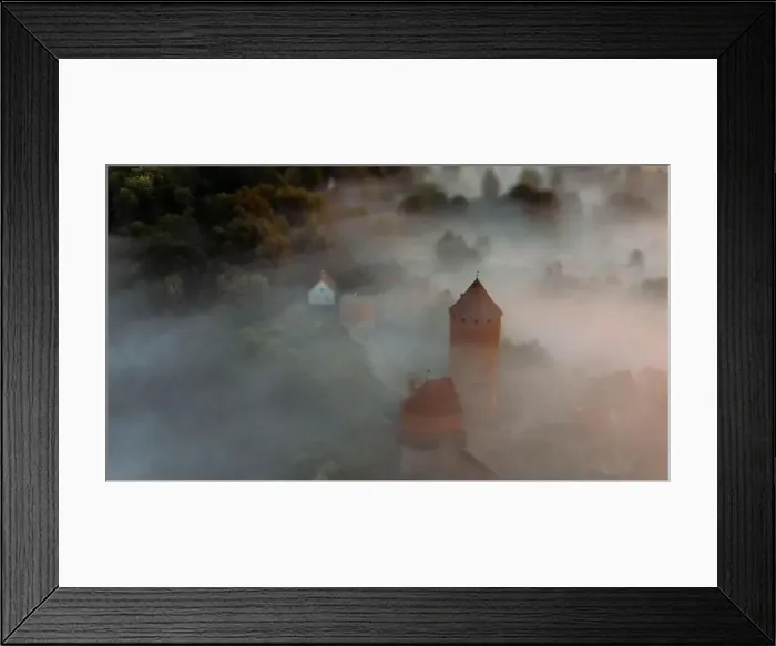 Framed Print : drone shot of turaida castle in early morning with fog in the forest valley Framed Print : drone shot of turaida castle in early morning with fog in the forest valley