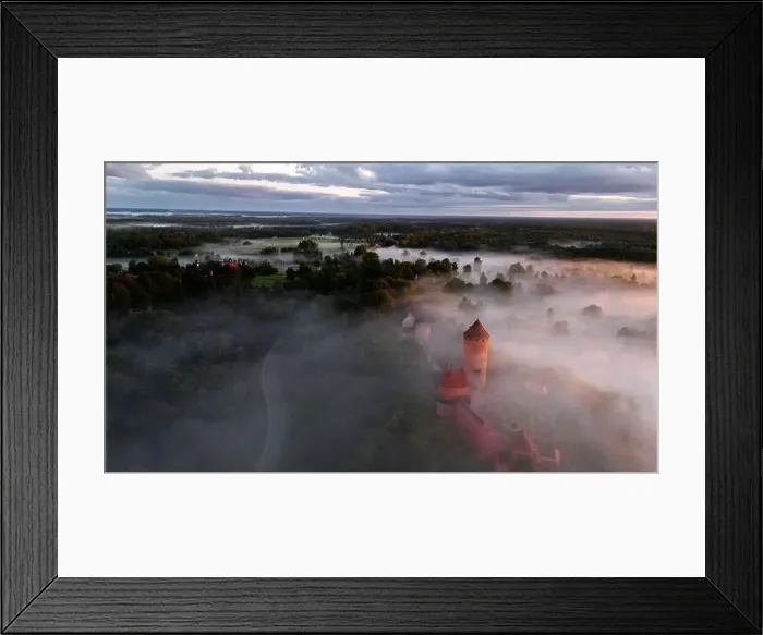 Framed Print : drone shot of turaida castle in early morning with fog in the forest valley Framed Print : drone shot of turaida castle in early morning with fog in the forest valley