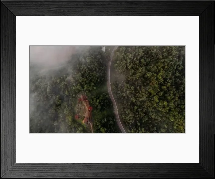Framed Print : Drone view of Gauja national valley during early mornin with mist cover Framed Print : Drone view of Gauja national valley during early mornin with mist cover