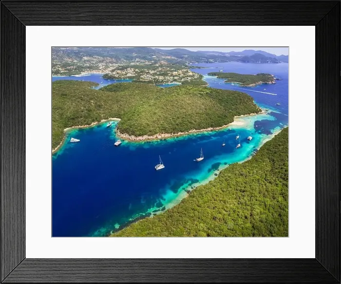 Framed Print : Epirus, Greece. Sivota - stunning aerial drone video of turquoise sea known as Blue Lagoon and unique beaches Framed Print : Epirus, Greece. Sivota - stunning aerial drone video of turquoise sea known as Blue Lagoon and unique beaches