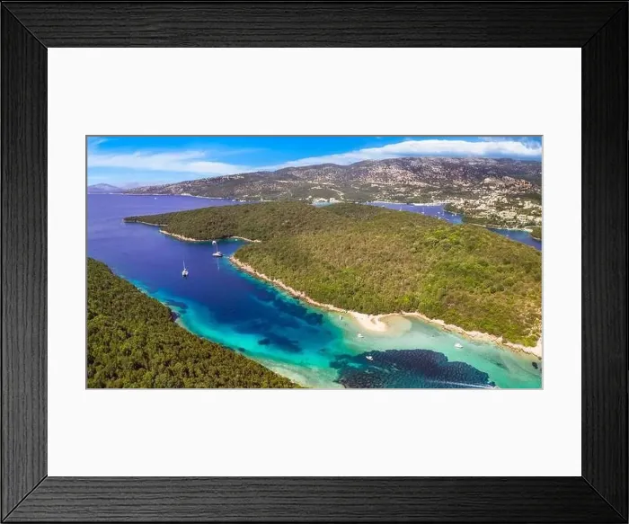 Framed Print : Epirus, Greece. Sivota - stunning aerial drone video of turquoise sea known as Blue Lagoon and unique beach Bella Vraka Framed Print : Epirus, Greece. Sivota - stunning aerial drone video of turquoise sea known as Blue Lagoon and unique beach Bella Vraka