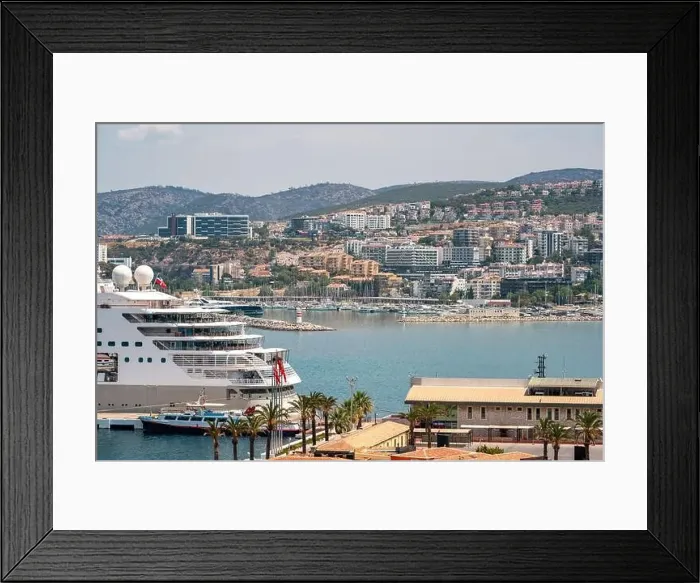Framed Print : The cruise ship is located on Kusadasi Island in the port of Kusadasi, Turkey