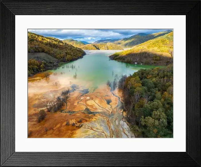Framed Print : Aerial view of Geamana lake, a water body formed from the toxic waste of copper and gold mining Framed Print : Aerial view of Geamana lake, a water body formed from the toxic waste of copper and gold mining