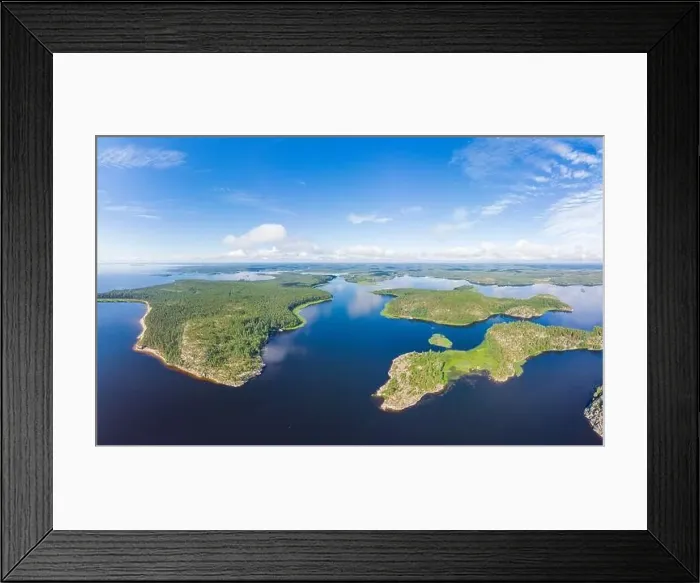 Framed Print : Aerial top view to island Kilpola overgrown with sparse trees in summer sunny day Framed Print : Aerial top view to island Kilpola overgrown with sparse trees in summer sunny day