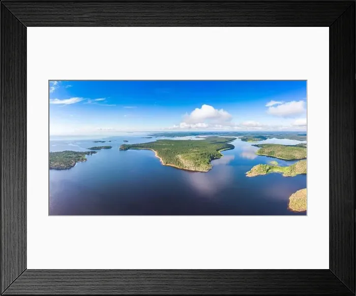 Framed Print : Aerial top view to island Kilpola overgrown with sparse trees in summer sunny day Framed Print : Aerial top view to island Kilpola overgrown with sparse trees in summer sunny day