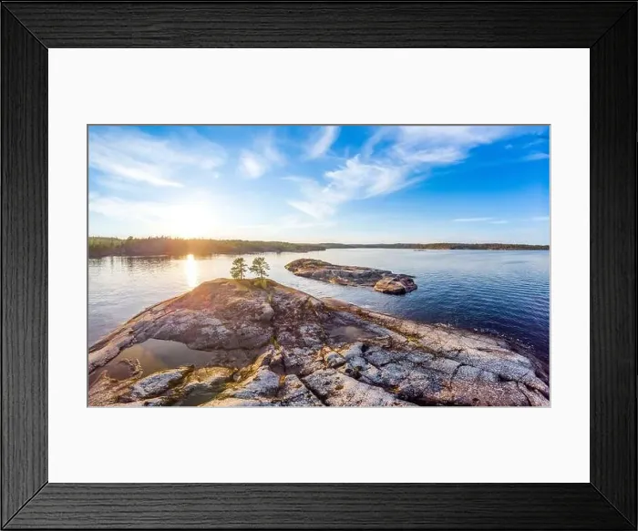 Framed Print : Aerial top view to island overgrown with sparse trees in summer sunny day