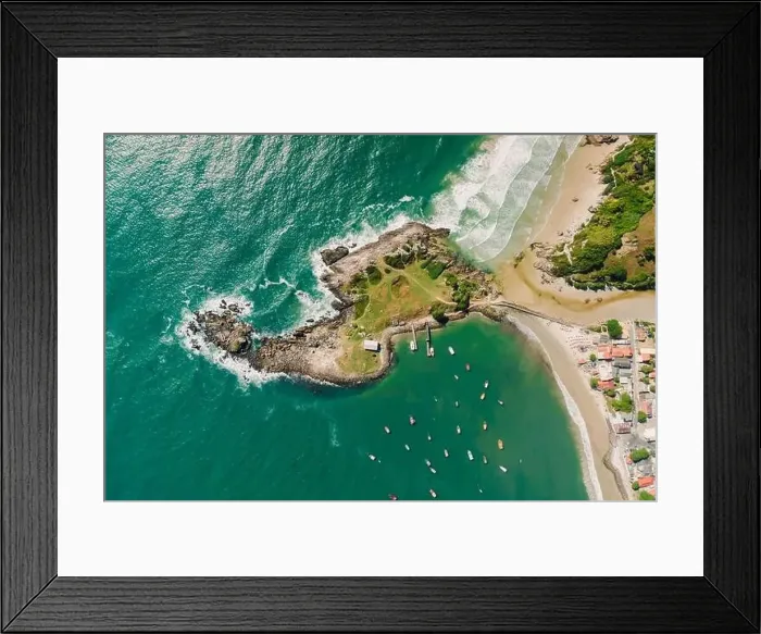 Framed Print : Coastline with rocky island, beach and boats in Brazil. Ponta das Campanhas in Floripa Framed Print : Coastline with rocky island, beach and boats in Brazil. Ponta das Campanhas in Floripa