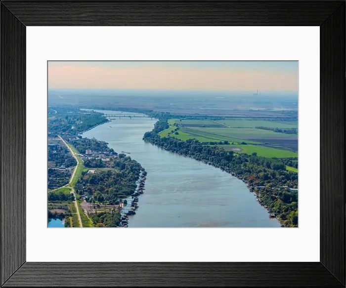 Framed Print : Aerial view of valley with farm fields, pond and Danube river. High quality photo Framed Print : Aerial view of valley with farm fields, pond and Danube river. High quality photo