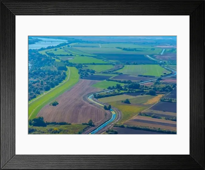 Framed Print : Aerial view of valley with farm fields, pond and Danube river. High quality photo Framed Print : Aerial view of valley with farm fields, pond and Danube river. High quality photo