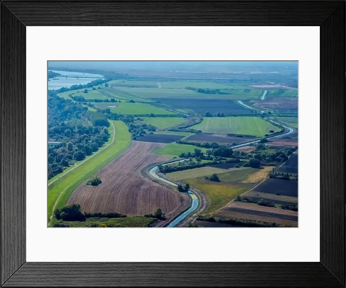 Framed Print : Aerial view of valley with farm fields, pond and Danube river. High quality photo Framed Print : Aerial view of valley with farm fields, pond and Danube river. High quality photo