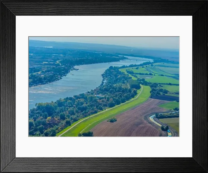 Framed Print : Aerial view of valley with farm fields, pond and Danube river. High quality photo Framed Print : Aerial view of valley with farm fields, pond and Danube river. High quality photo