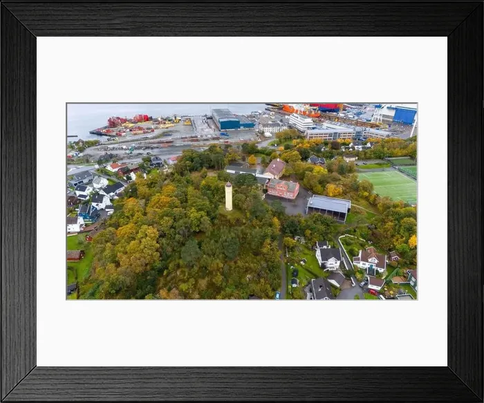 Framed Print : Aerial view of a coastal town with a lighthouse surrounded by trees Framed Print : Aerial view of a coastal town with a lighthouse surrounded by trees