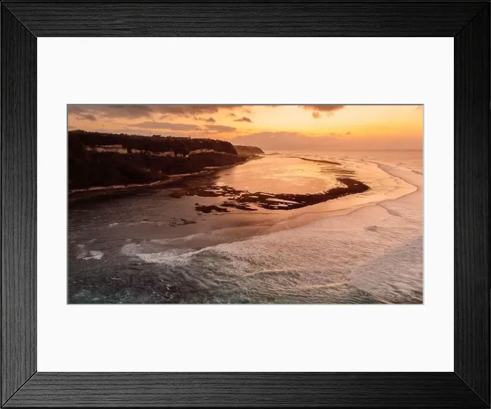 Framed Print : Ocean coastline with waves on low tide and sunrise tones. Drone view Framed Print : Ocean coastline with waves on low tide and sunrise tones. Drone view