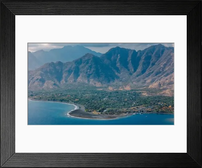 Framed Print : Scenic landscape on West Bali with blue ocean and mountains in Pemuteran area Framed Print : Scenic landscape on West Bali with blue ocean and mountains in Pemuteran area