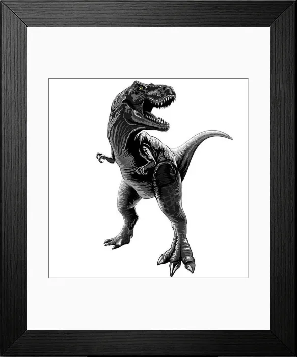Framed Print : A standing and growling T-Rex figure isolated on a white background Framed Print : A standing and growling T-Rex figure isolated on a white background