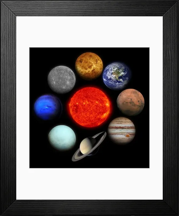 Framed Print : Solar system. Planets on black background. Sun, Mercury, Venus, Earth, Mars, Jupiter, Saturn, Uranus, Neptune, Pluto Framed Print : Solar system. Planets on black background. Sun, Mercury, Venus, Earth, Mars, Jupiter, Saturn, Uranus, Neptune, Pluto
