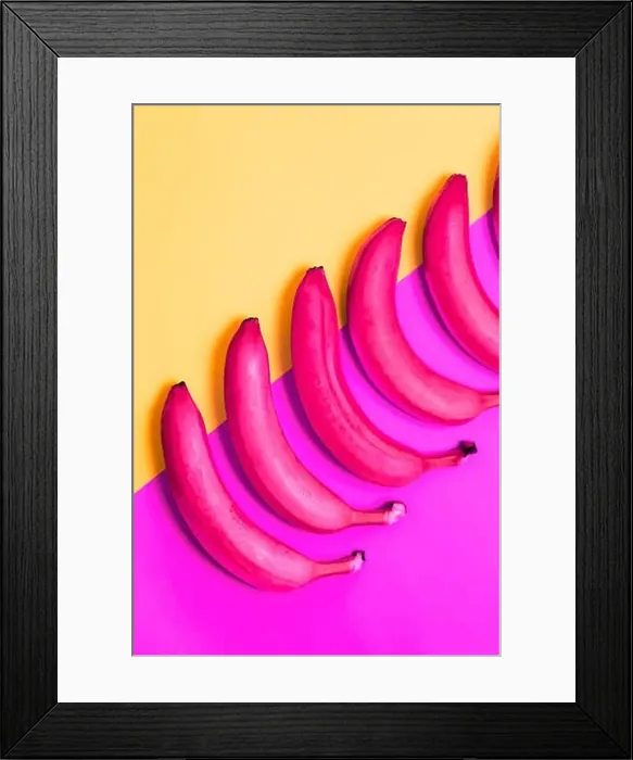 Framed Print : Closeup of pink bananas on purple and yellow background, top view. Abstract, creative, creativity concept Framed Print : Closeup of pink bananas on purple and yellow background, top view. Abstract, creative, creativity concept