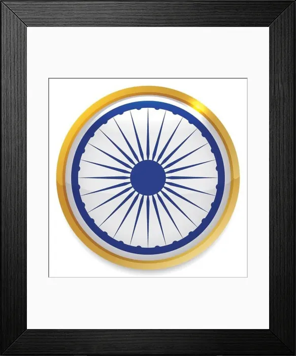 Framed Print : Round button with golden frame and blue Ashoka Chakra wheel inside of it Framed Print : Round button with golden frame and blue Ashoka Chakra wheel inside of it