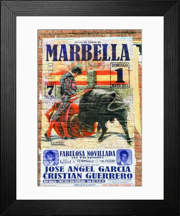 Framed Print : Bullfighting poster on the wall, advertising a bullfight in Marbella, Plaza de Toros, Malaga, Spain Framed Print : Bullfighting poster on the wall, advertising a bullfight in Marbella, Plaza de Toros, Malaga, Spain