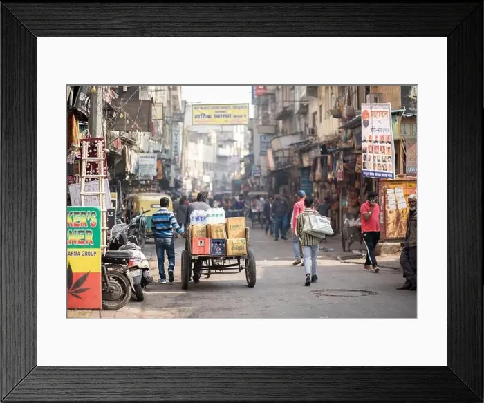 Framed Print : Delhi, India, December 04, 2019: People on busy street at Main Bazaar in Paharganj district Framed Print : Delhi, India, December 04, 2019: People on busy street at Main Bazaar in Paharganj district