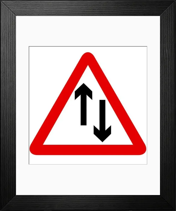 Framed Print : Two way traffic straight ahead road sign on white background Framed Print : Two way traffic straight ahead road sign on white background