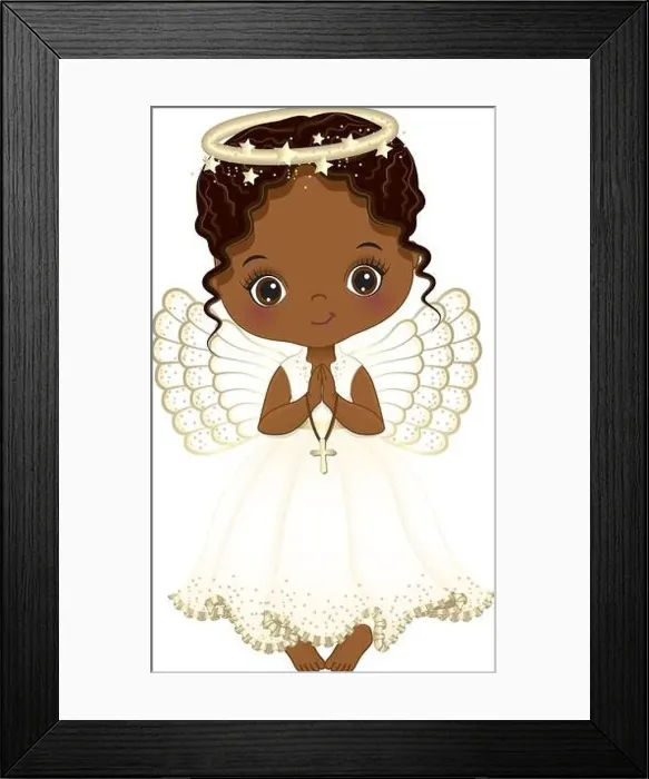 Framed Print : Vector Cute African American Girl Angel Holding Cross, Praying Framed Print : Vector Cute African American Girl Angel Holding Cross, Praying