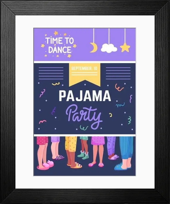 Framed Print : Pajama party banner. Night dance at home holiday festive Framed Print : Pajama party banner. Night dance at home holiday festive