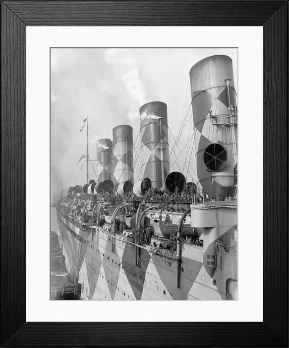 Framed Print : WWI, RMS Mauretania, Dazzle Camouflage, 1918 Framed Print : WWI, RMS Mauretania, Dazzle Camouflage, 1918