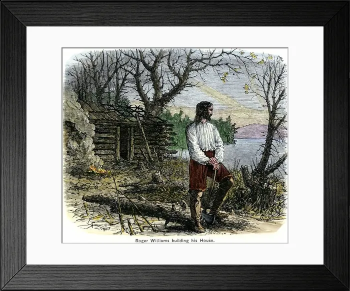 Framed Print : Roger Williams building his house in Rhode Island 1636. Hand-colored woodcut Framed Print : Roger Williams building his house in Rhode Island 1636. Hand-colored woodcut