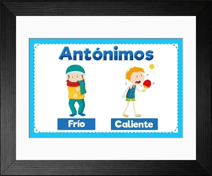 Framed Print : Illustrated word card with antonyms Frio and Caliente in Spanish means cold and hot Framed Print : Illustrated word card with antonyms Frio and Caliente in Spanish means cold and hot
