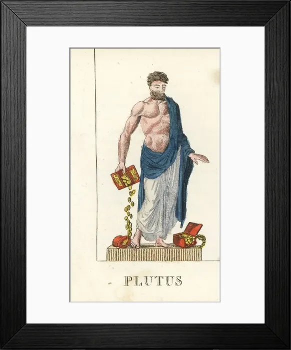 Framed Print : Plutus, Roman god of wealth, with boxes of gold coins Framed Print : Plutus, Roman god of wealth, with boxes of gold coins