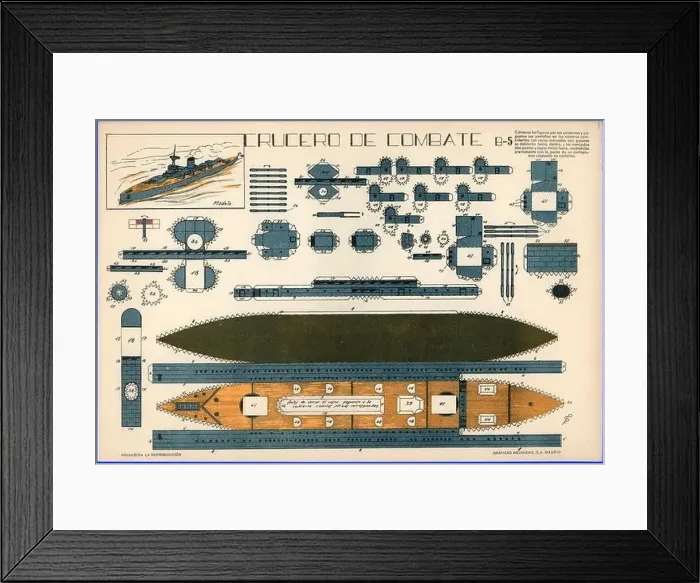 Framed Print : Recortable infantil. Construcción de barcos. Crucero de combate B-5. Gráficas Reunidas. Madrid, año 1936 Framed Print : Recortable infantil. Construcción de barcos. Crucero de combate B-5. Gráficas Reunidas. Madrid, año 1936