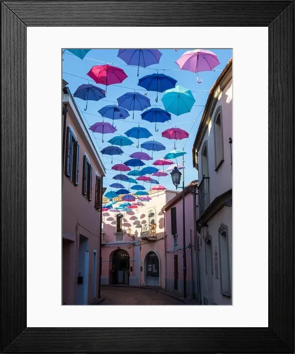 Framed Print : Umbrellas Street in Pula, Sardinia, Italy, Europe Framed Print : Umbrellas Street in Pula, Sardinia, Italy, Europe
