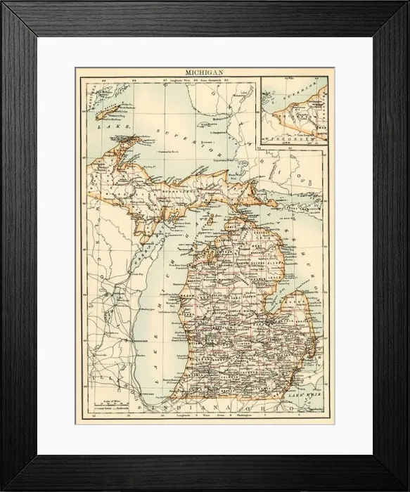 Framed Print : Map of Michigan, 1870s. Color lithograph Framed Print : Map of Michigan, 1870s. Color lithograph