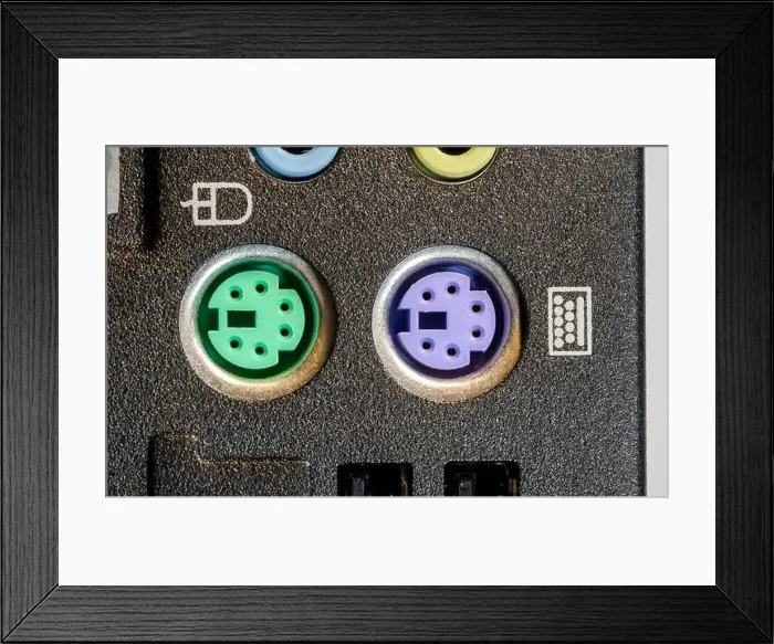 Framed Print : Green PS 2 port for a keyboard and a purple port for a mouse Framed Print : Green PS 2 port for a keyboard and a purple port for a mouse
