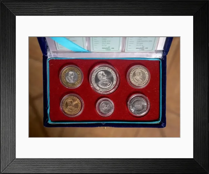 Framed Print : Collection of Luigino, the currency of the Principality of Seborga, near Imperia, in Liguria province, Italy Framed Print : Collection of Luigino, the currency of the Principality of Seborga, near Imperia, in Liguria province, Italy