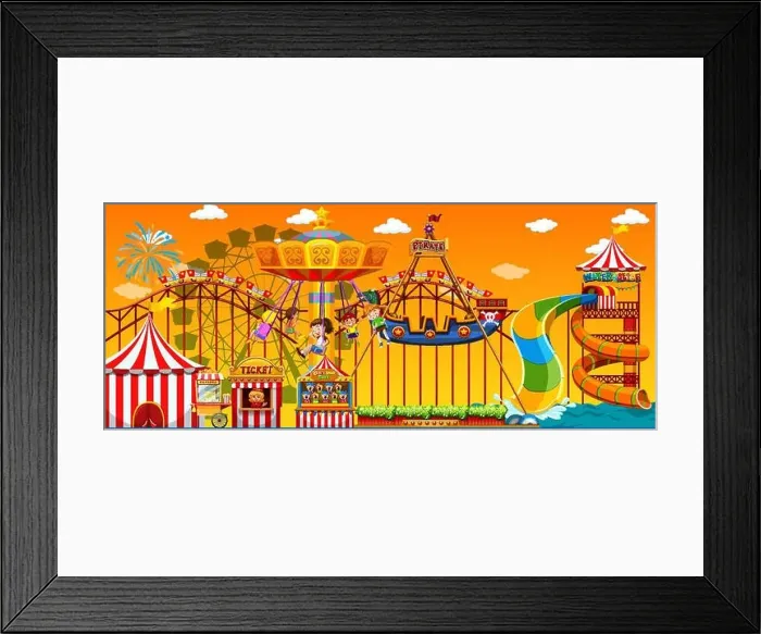 Framed Print : Amusement park scene at daytime with yellow sky