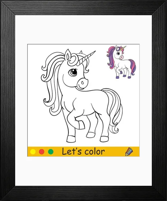 Framed Print : Cute standing cartoon unicorn. Coloring book page with colorful template Framed Print : Cute standing cartoon unicorn. Coloring book page with colorful template
