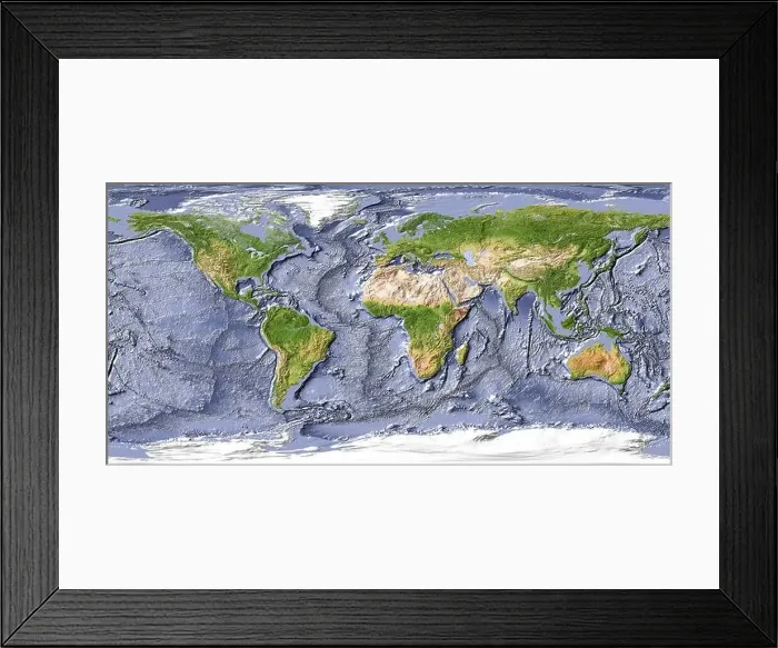 Framed Print : World map, shaded relief with shaded ocean floor Framed Print : World map, shaded relief with shaded ocean floor
