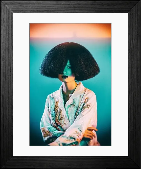Framed Print : Attractive Woman in oriental silk robe with floral ornament and lavish wig under colorful illumination Framed Print : Attractive Woman in oriental silk robe with floral ornament and lavish wig under colorful illumination