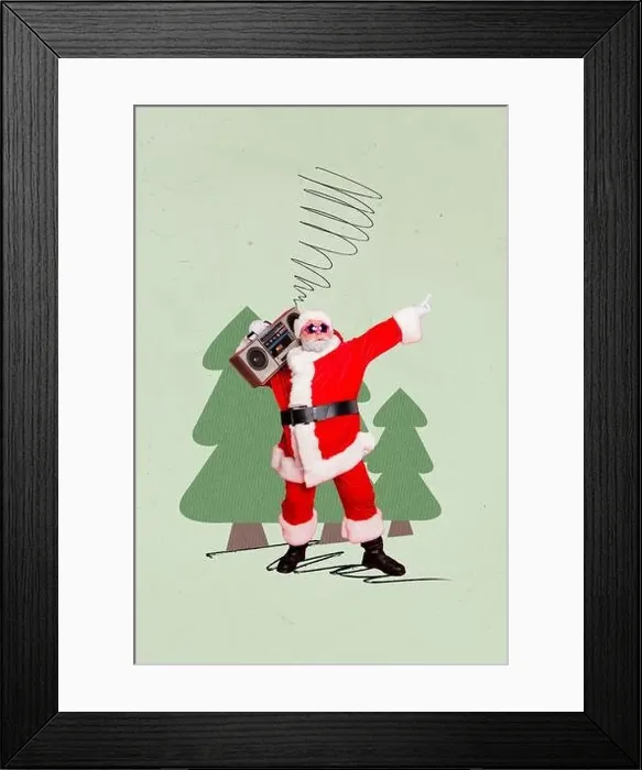 Framed Print : Invitation brochure collage of funny funky santa claus have fun christmas party in decoration painting woods background Framed Print : Invitation brochure collage of funny funky santa claus have fun christmas party in decoration painting woods background