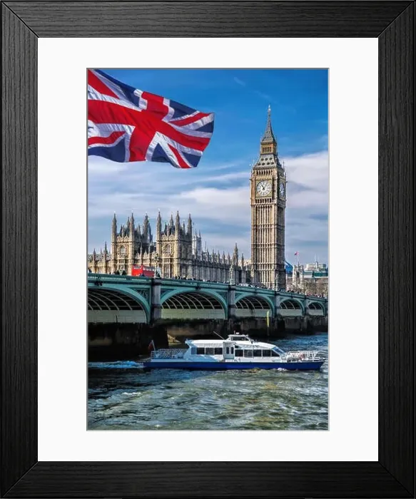 Framed Print : Big Ben with flag of United Kingdom in London, UK Framed Print : Big Ben with flag of United Kingdom in London, UK
