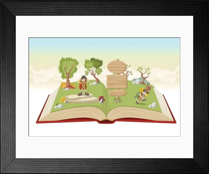 Framed Print : Open book with cartoon kids in explorer outfit on a green park Framed Print : Open book with cartoon kids in explorer outfit on a green park