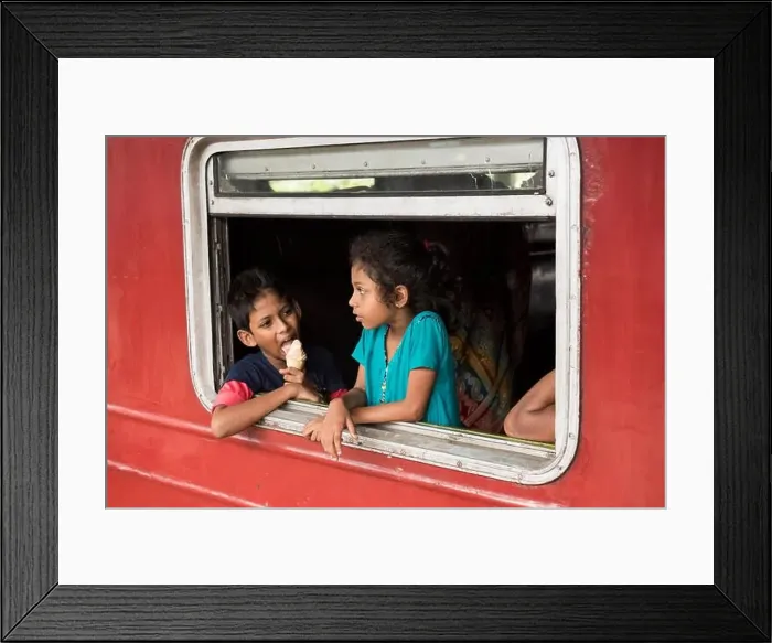 Framed Print : Children looking out of the window of train carriage, Kandy Railway Station, Kande, Sri Lanka Framed Print : Children looking out of the window of train carriage, Kandy Railway Station, Kande, Sri Lanka