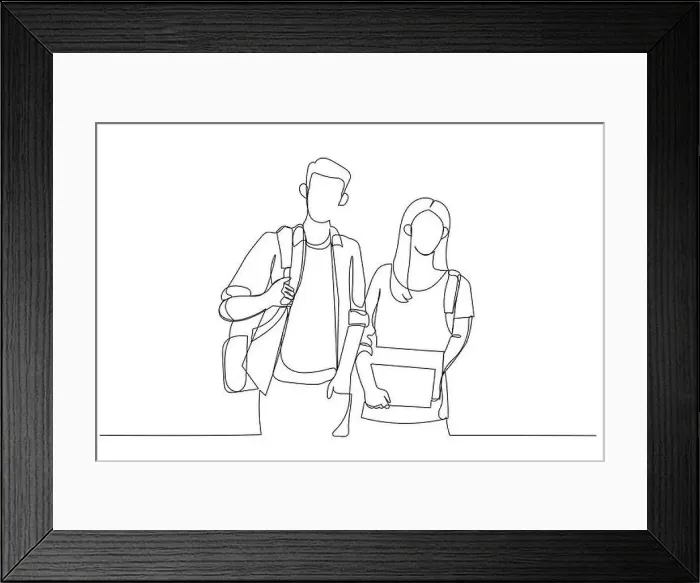Framed Print : Drawing of two students on campus standing side to side looking straight ahead. Single continuous line art style Framed Print : Drawing of two students on campus standing side to side looking straight ahead. Single continuous line art style