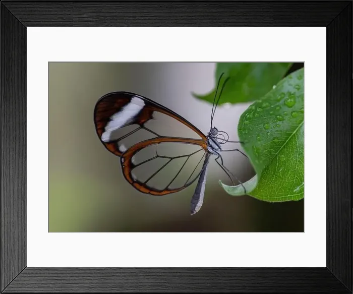 Framed Print : Beautiful Glasswing Butterfly (Greta oto) on a leaf with raindrops in a summer garden Framed Print : Beautiful Glasswing Butterfly (Greta oto) on a leaf with raindrops in a summer garden