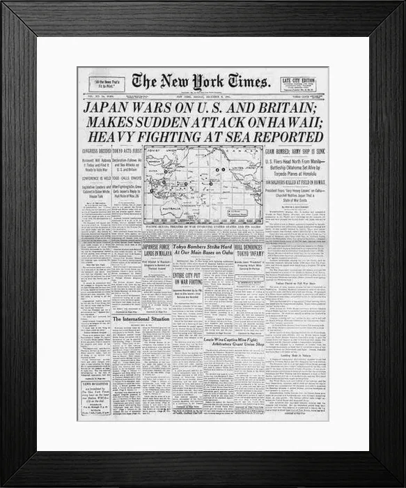 Framed Print : 1941 The New York Times front page reporting Japanese attack Pearl Harbour and declare war on USA and Britain Framed Print : 1941 The New York Times front page reporting Japanese attack Pearl Harbour and declare war on USA and Britain