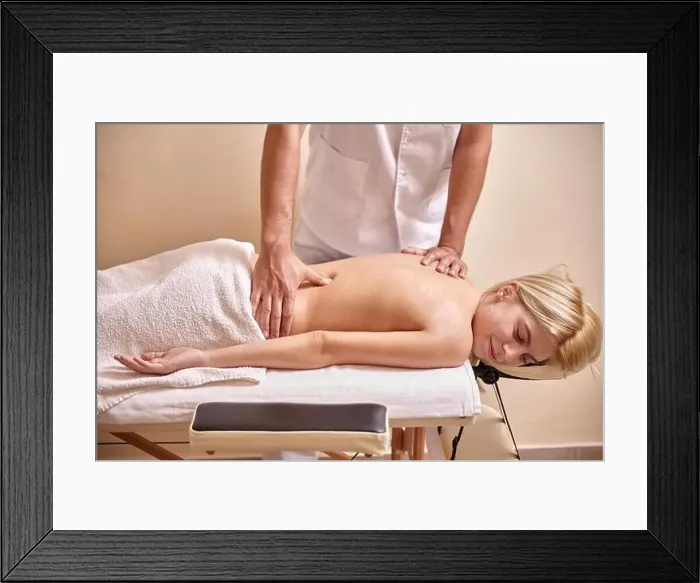 Framed Print : physiotherapist man hands close up, massage woman back Framed Print : physiotherapist man hands close up, massage woman back