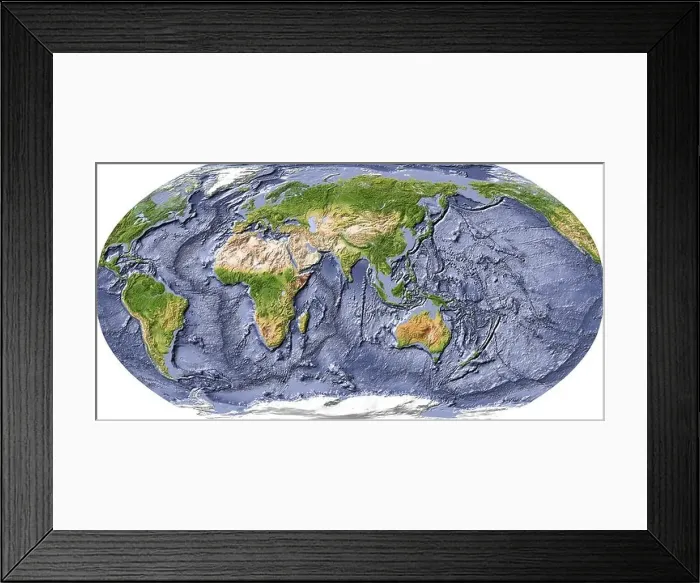 Framed Print : World map, shaded relief, with shaded ocean floor, centered on India Framed Print : World map, shaded relief, with shaded ocean floor, centered on India